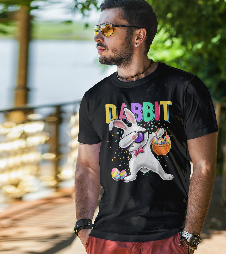 Dabbit Dabbing Easter Bunny With Eggs Basket And Confetti T-Shirt