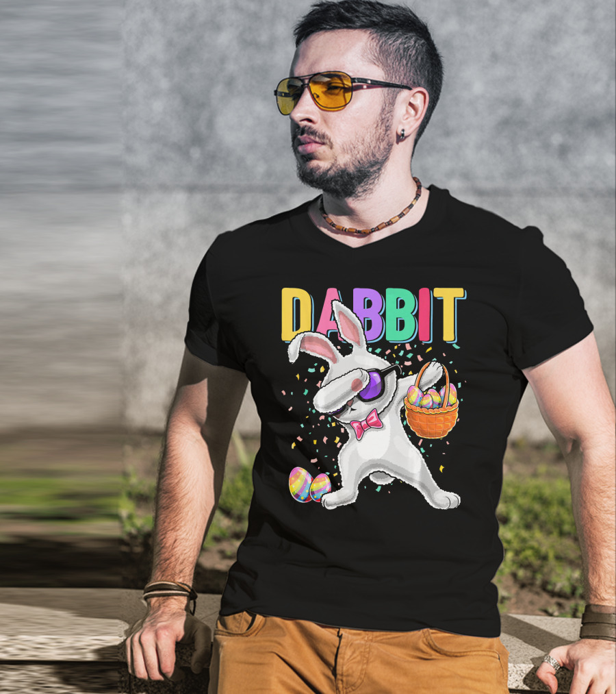 Dabbit Dabbing Easter Bunny With Eggs Basket And Confetti T-Shirt
