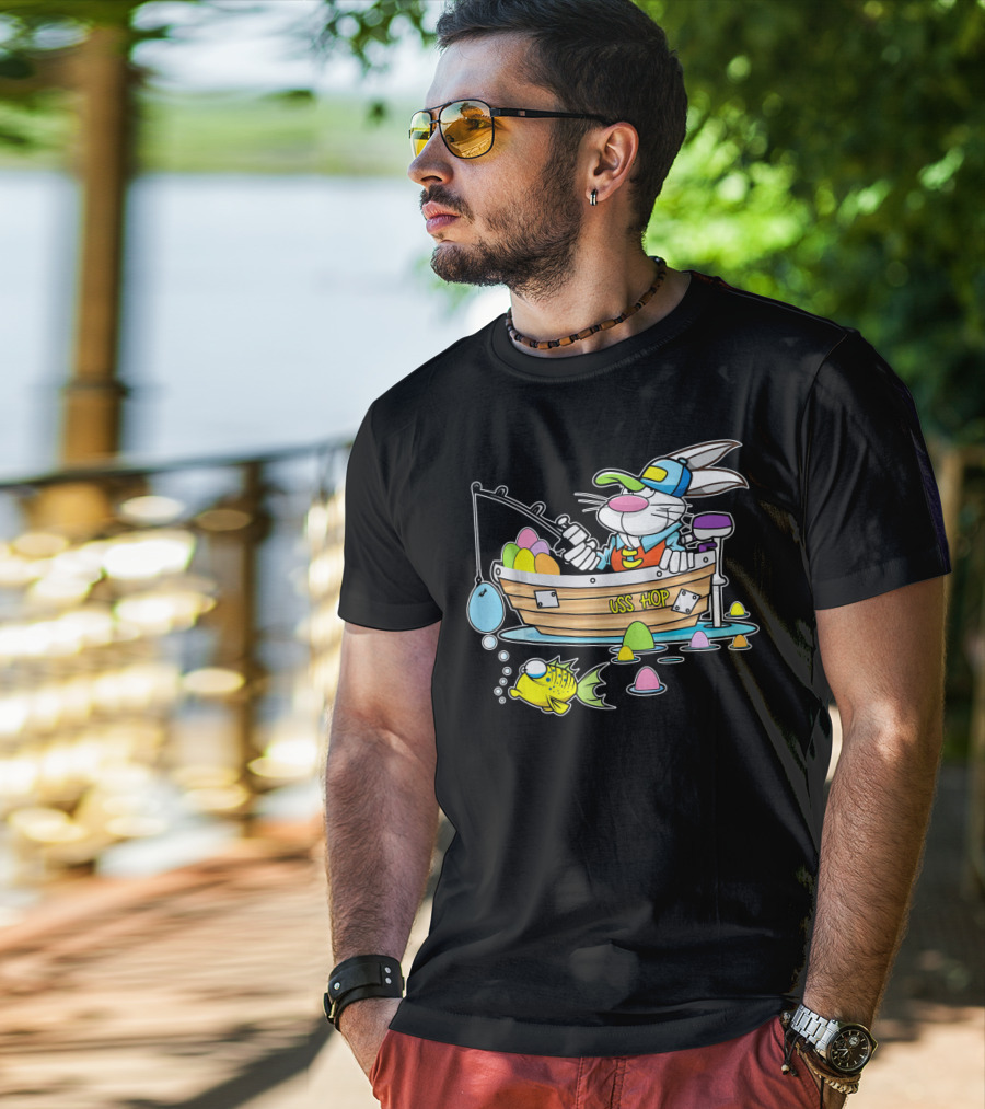 Fun Easter Bunny Fishing USS Hop With Eggs And Colorful Fish T-Shirt