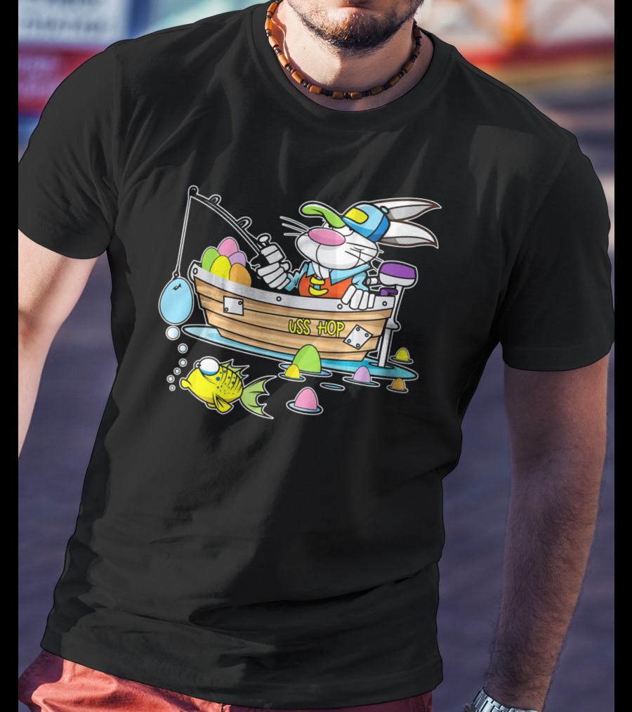 Fun Easter Bunny Fishing USS Hop With Eggs And Colorful Fish T-Shirt