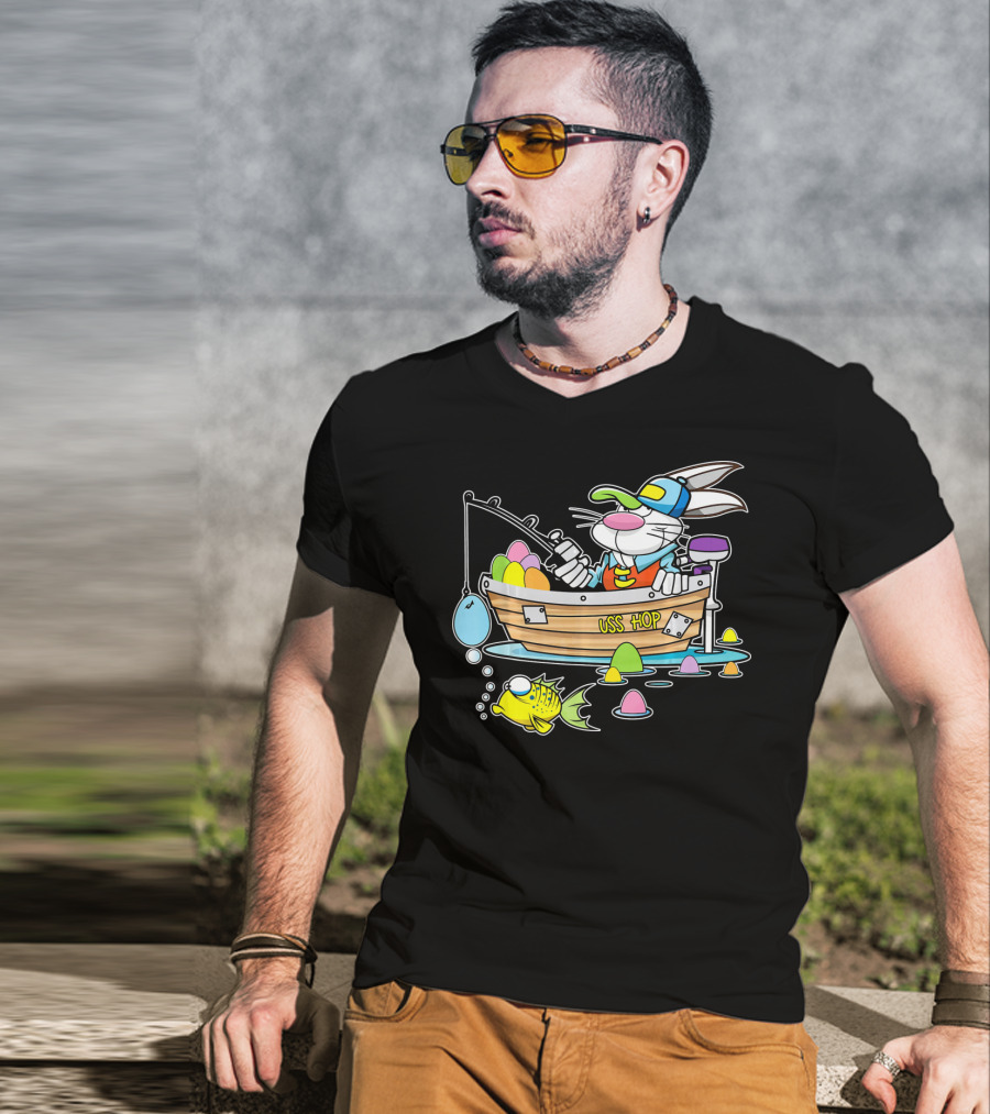 Fun Easter Bunny Fishing USS Hop With Eggs And Colorful Fish T-Shirt