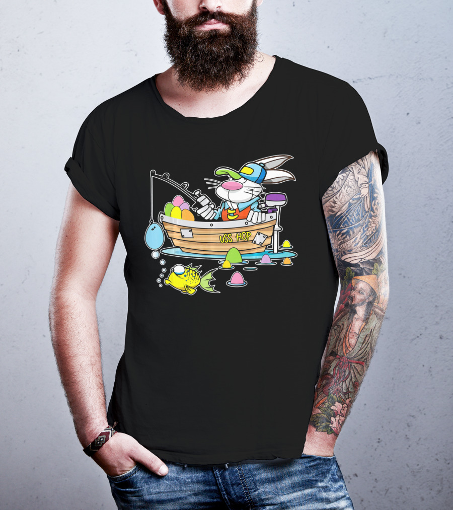 Fun Easter Bunny Fishing USS Hop With Eggs And Colorful Fish T-Shirt