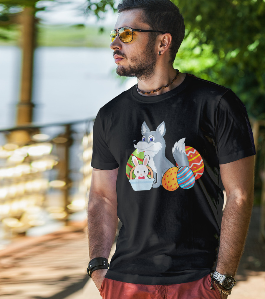 Easter Wolf Happy Bunny With Colorful Eggs T-Shirt