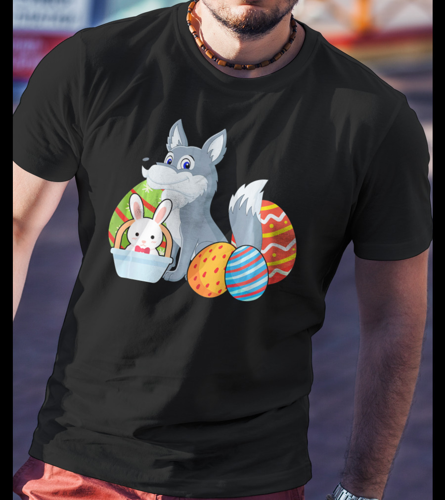 Easter Wolf Happy Bunny With Colorful Eggs T-Shirt
