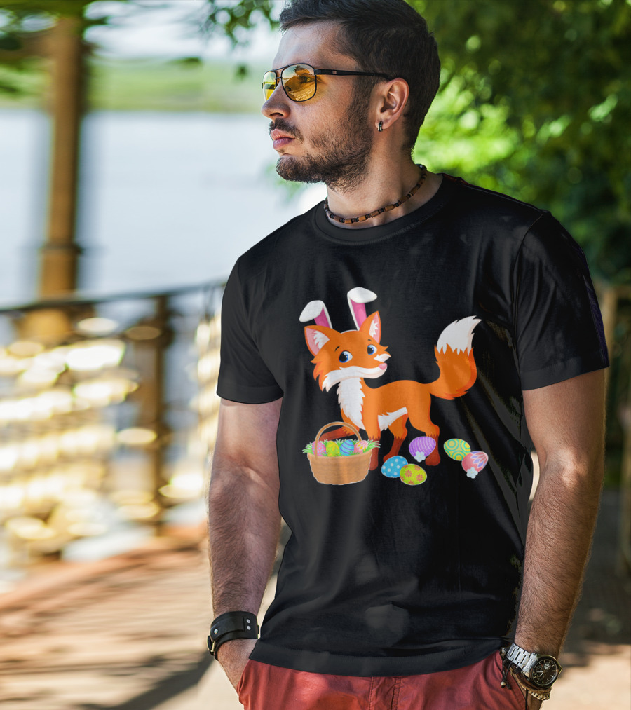 Happy Fox Easter Bunny Ears With Colorful Eggs Basket T-Shirt