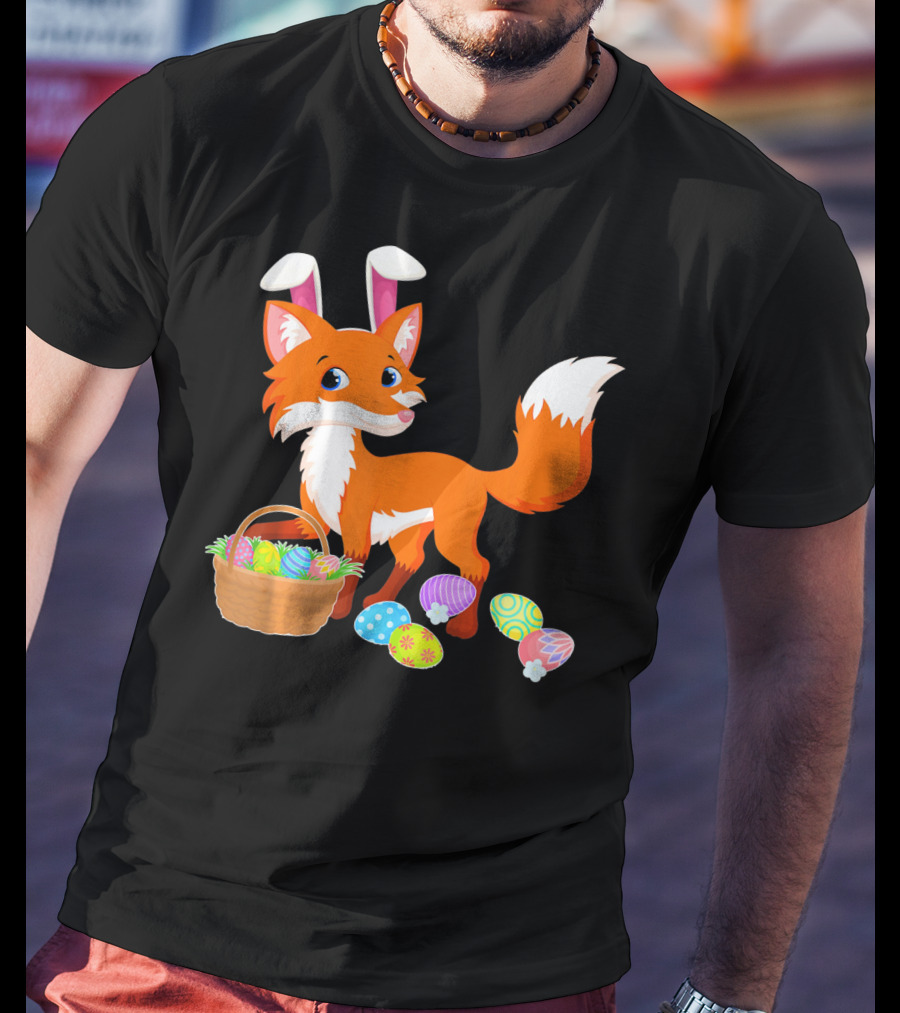 Happy Fox Easter Bunny Ears With Colorful Eggs Basket T-Shirt