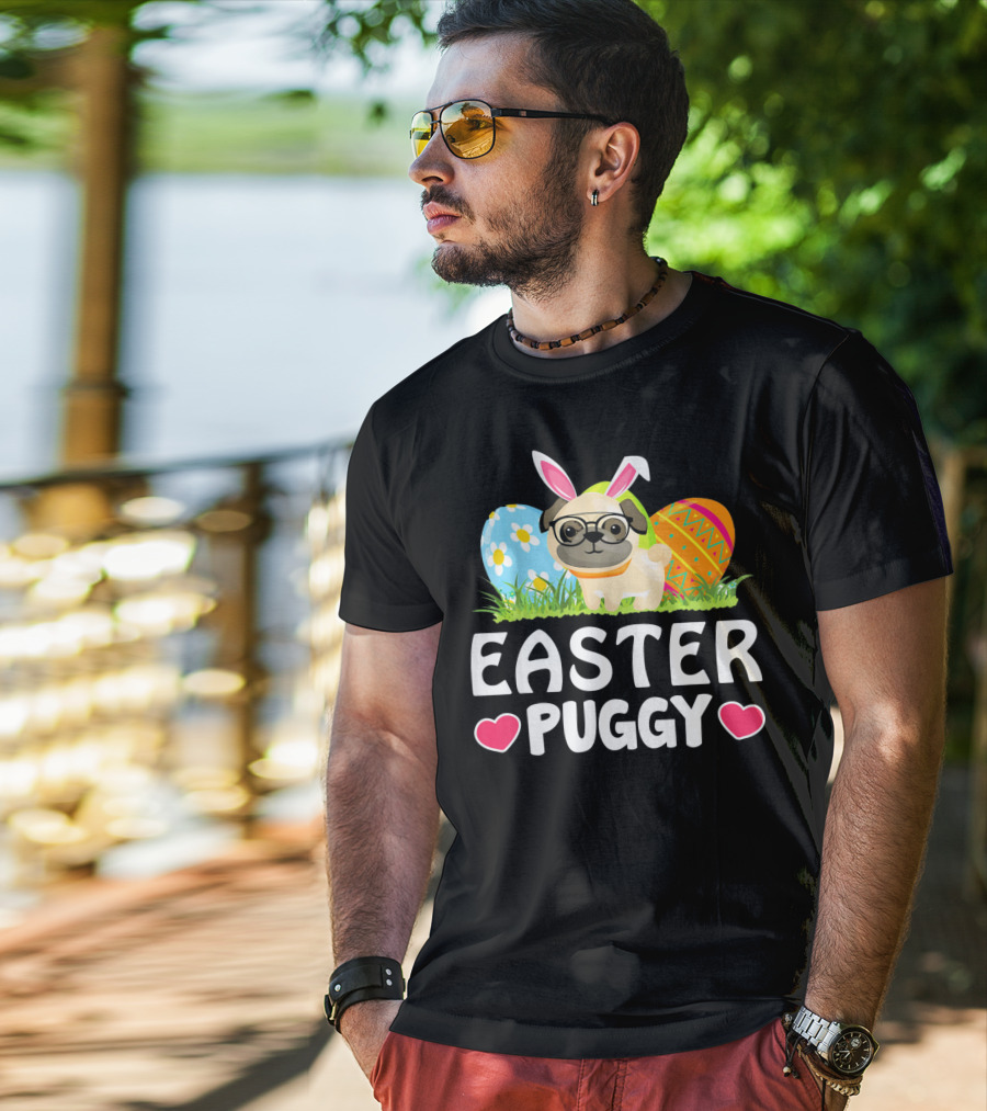 Easter Puggy Cute Dog Pug Funny Easter Bunny Ears And Eggs T-Shirt