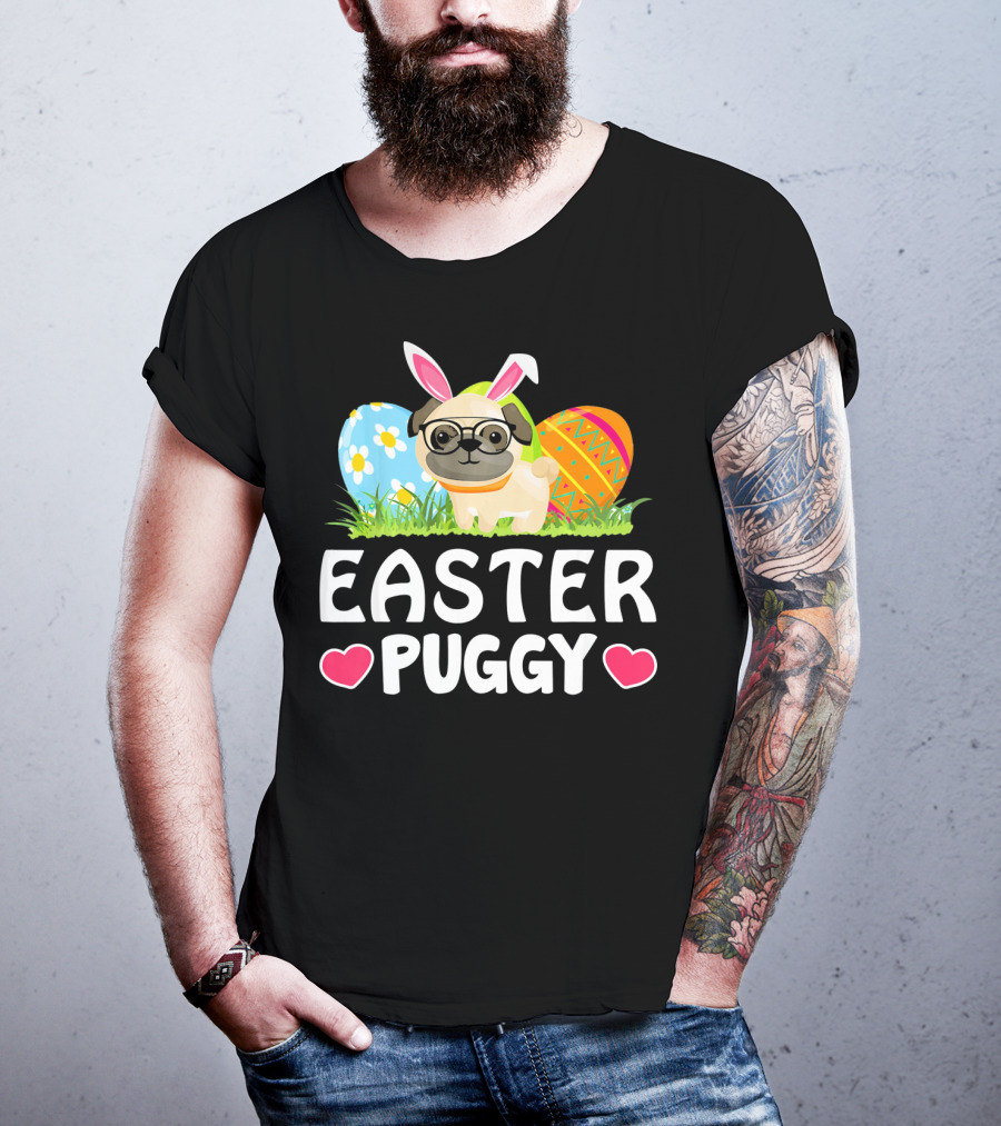 Easter Puggy Cute Dog Pug Funny Easter Bunny Ears And Eggs T-Shirt