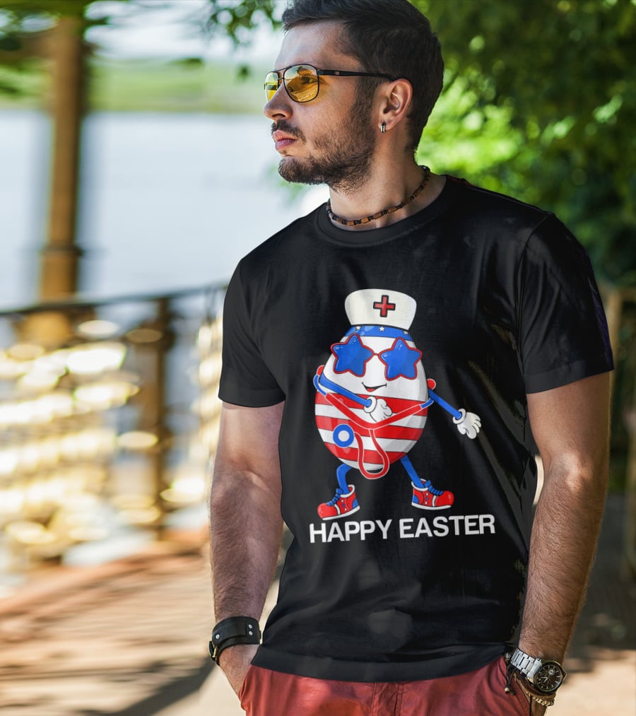 Happy Easter Flossing Egg With Stethoscope Nurse Hat And Stars T-Shirt