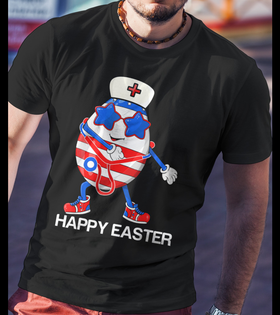 Happy Easter Flossing Egg With Stethoscope Nurse Hat And Stars T-Shirt