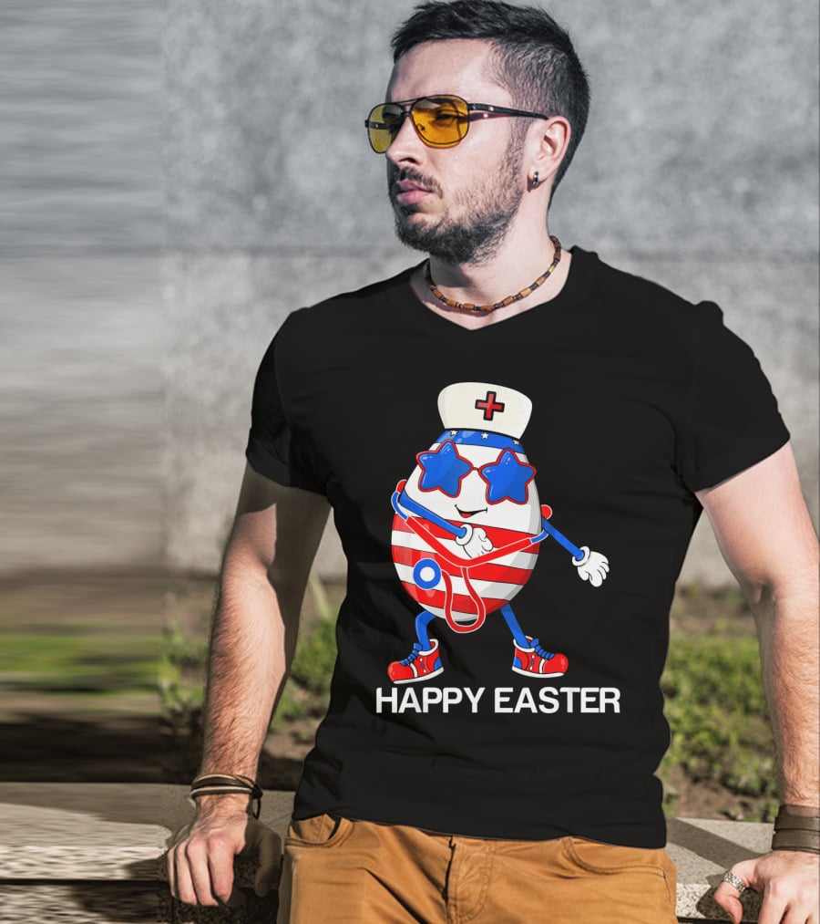 Happy Easter Flossing Egg With Stethoscope Nurse Hat And Stars T-Shirt
