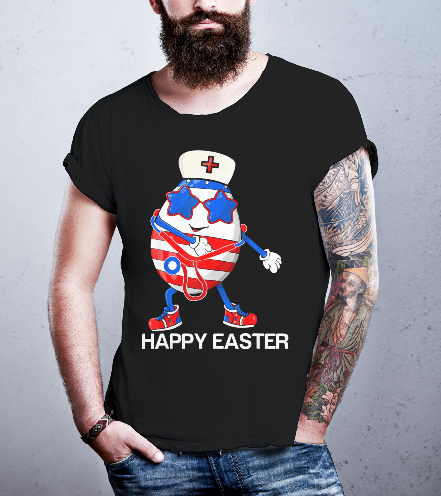 Happy Easter Flossing Egg With Stethoscope Nurse Hat And Stars T-Shirt