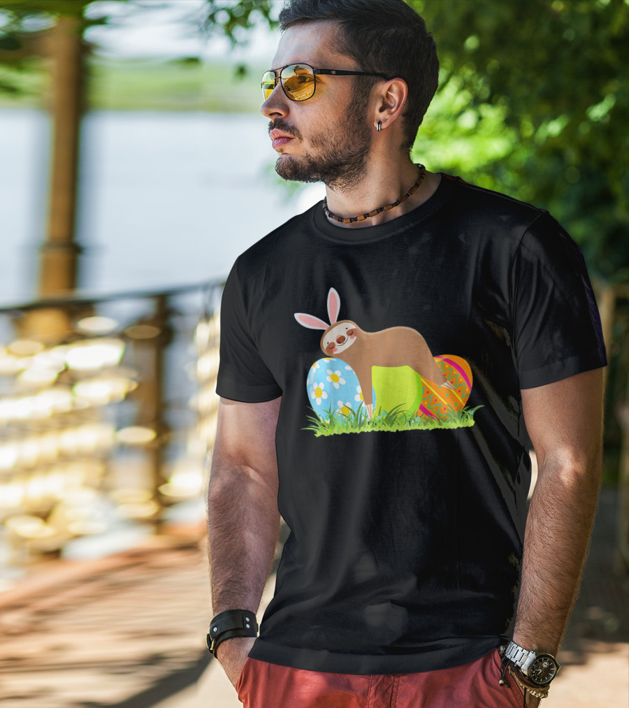 Funny Sloth Easter Day Bunny Ear Egg Decorated T-Shirt