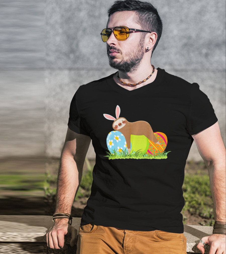 Funny Sloth Easter Day Bunny Ear Egg Decorated T-Shirt