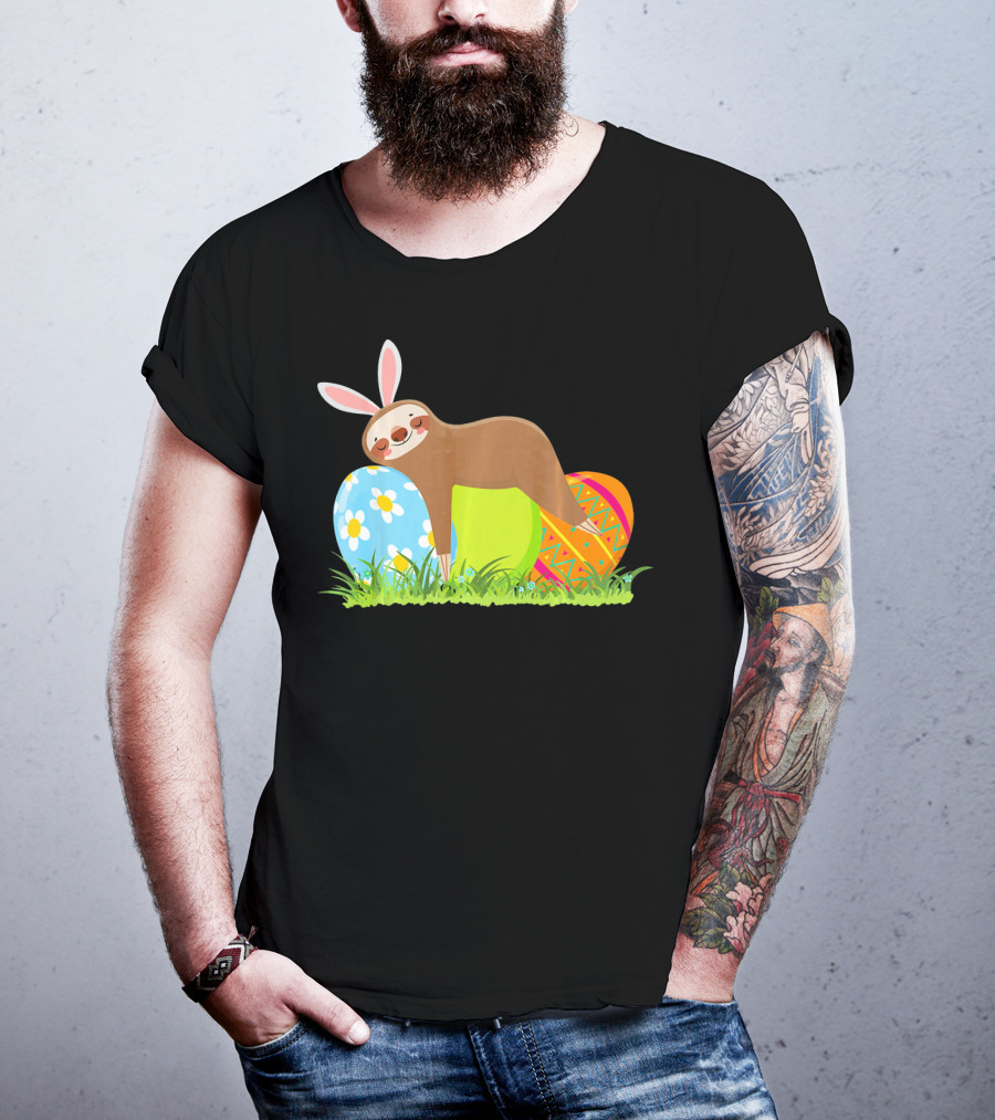Funny Sloth Easter Day Bunny Ear Egg Decorated T-Shirt