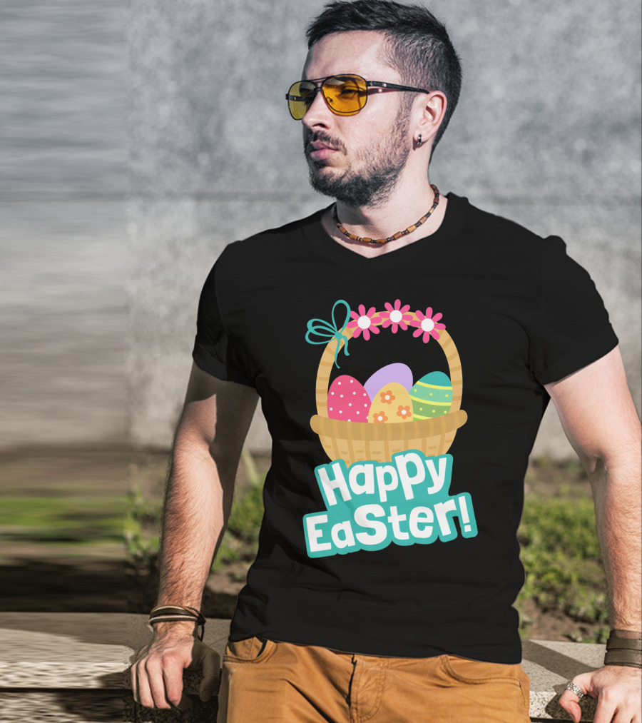 Happy Easter Basket Of Colorful Eggs And Flowers T-Shirt