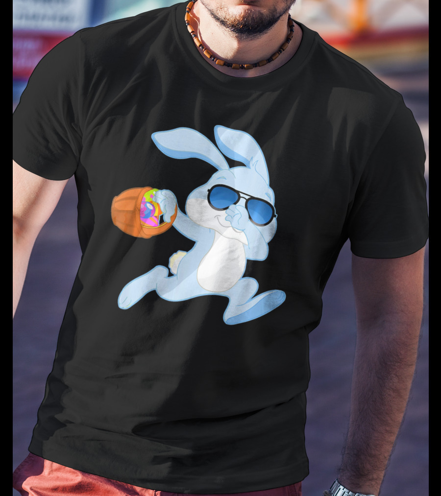 Easter Rabbit Sunglasses Holding Egg Basket T-Shirt