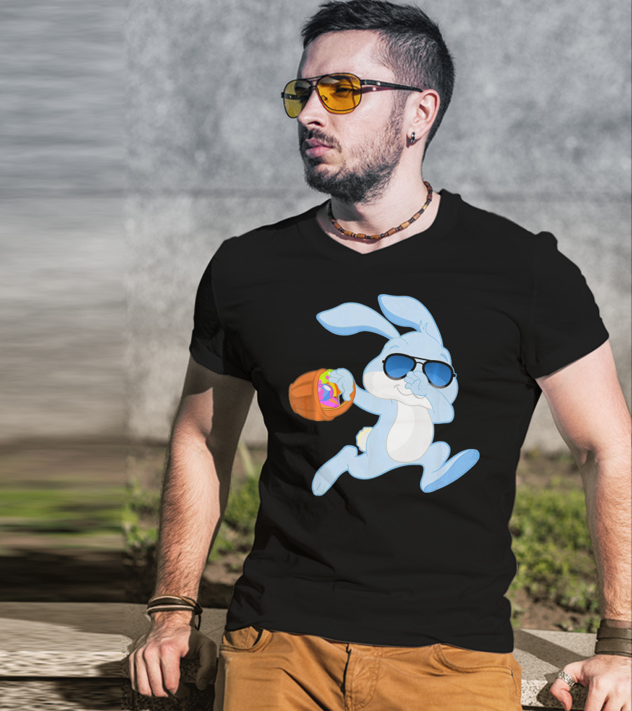 Easter Rabbit Sunglasses Holding Egg Basket T-Shirt