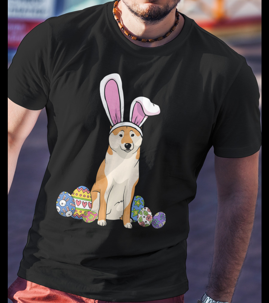 Shiba Inu With Bunny Ears And Colorful Easter Eggs T-Shirt