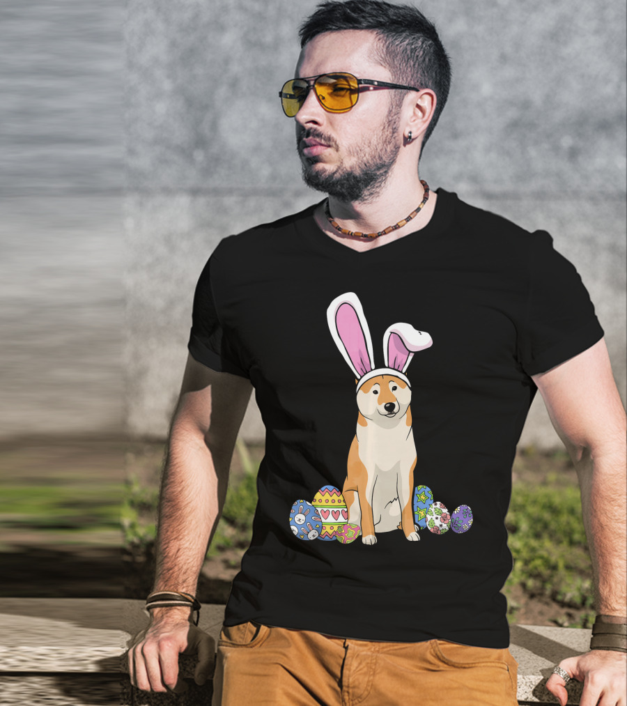 Shiba Inu With Bunny Ears And Colorful Easter Eggs T-Shirt