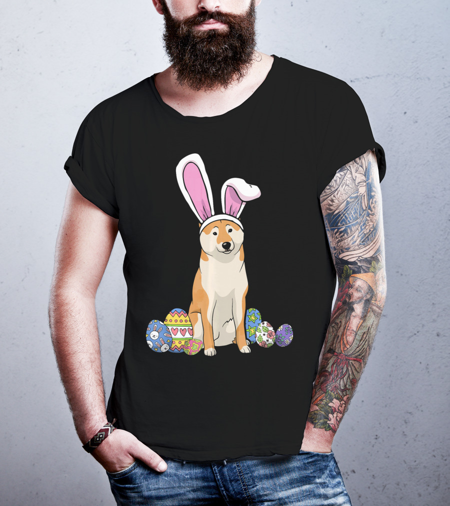 Shiba Inu With Bunny Ears And Colorful Easter Eggs T-Shirt