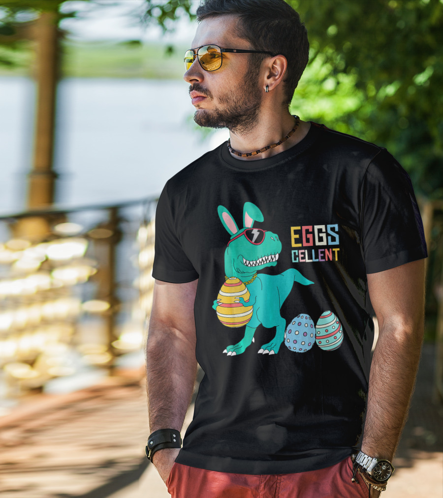 Easter Dinosaur Eggs Cellent T-Rex With Sunglasses And Striped Polka Dot Eggs T-Shirt