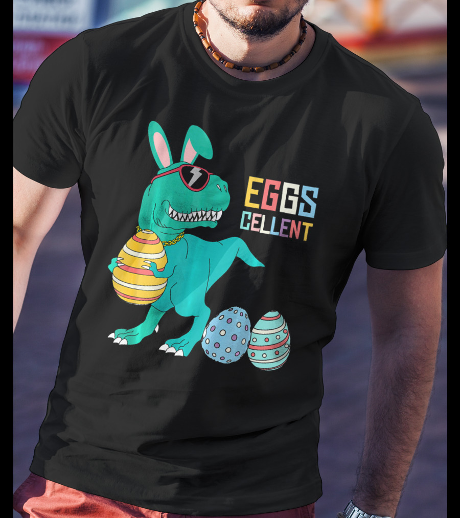 Easter Dinosaur Eggs Cellent T-Rex With Sunglasses And Striped Polka Dot Eggs T-Shirt