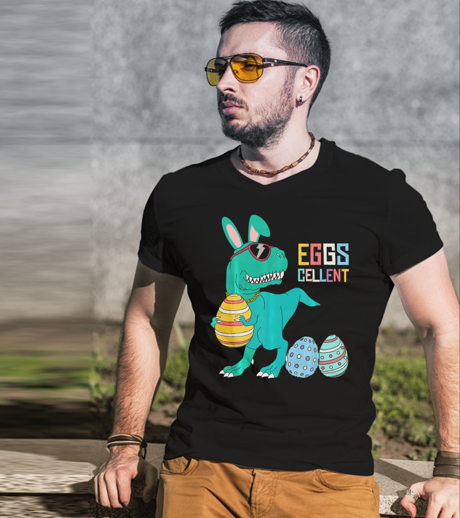 Easter Dinosaur Eggs Cellent T-Rex With Sunglasses And Striped Polka Dot Eggs T-Shirt