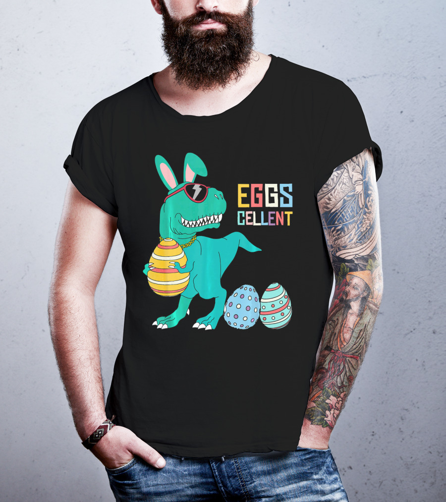Easter Dinosaur Eggs Cellent T-Rex With Sunglasses And Striped Polka Dot Eggs T-Shirt