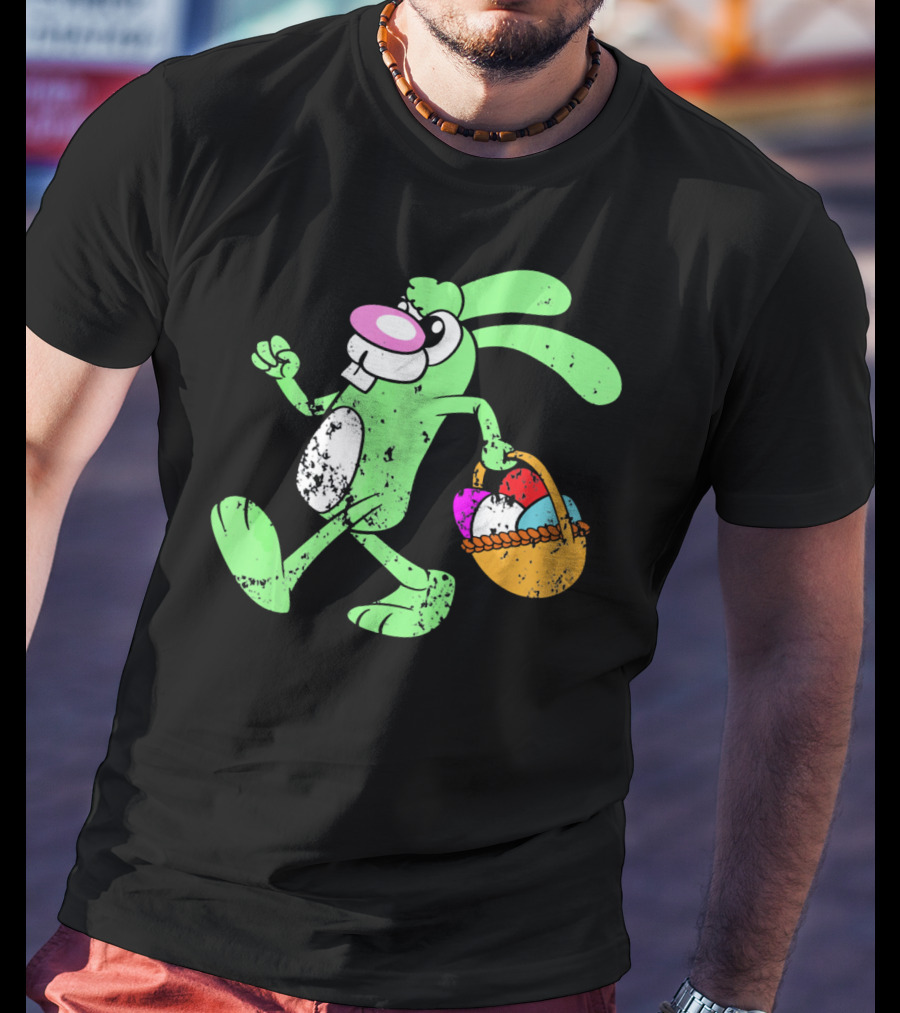 Retro Vintage Grunge Easter Bunny With Colorful Egg Basket T-Shirt