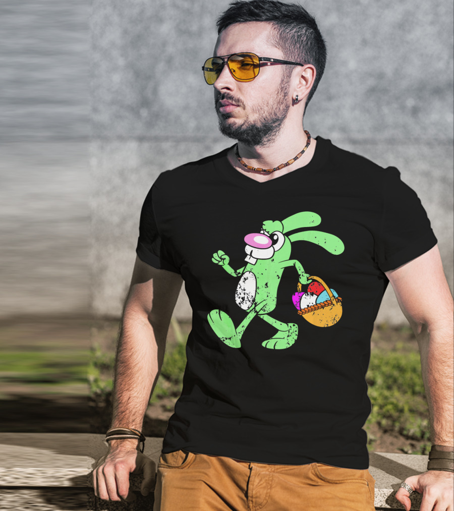 Retro Vintage Grunge Easter Bunny With Colorful Egg Basket T-Shirt