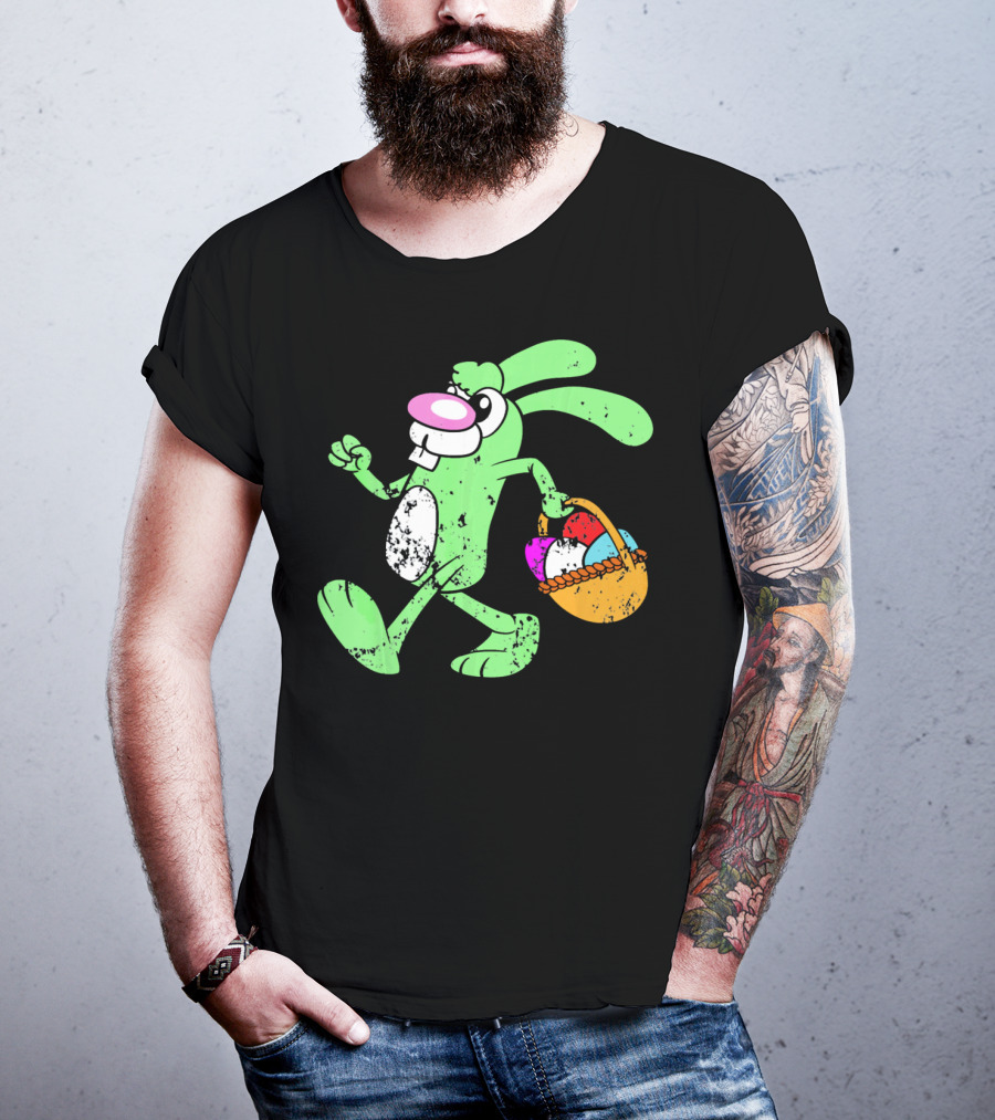 Retro Vintage Grunge Easter Bunny With Colorful Egg Basket T-Shirt