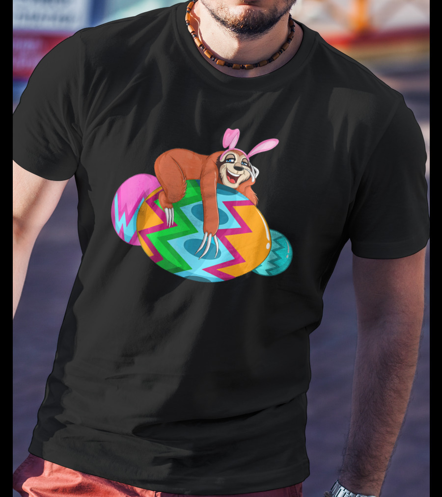 Cool Lazy Sloth Bunny On Colorful Easter Egg Hunt T-Shirt