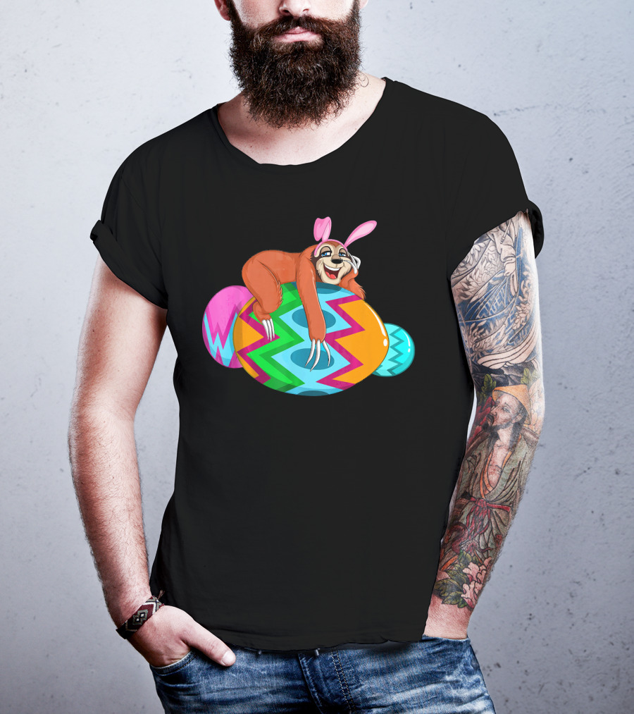 Cool Lazy Sloth Bunny On Colorful Easter Egg Hunt T-Shirt
