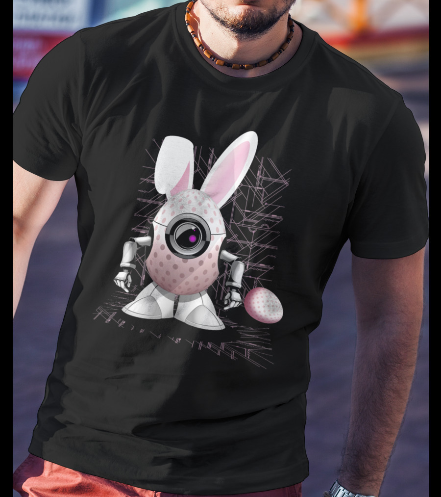 Happy Easter Bunny Robot Egg With Camera Eye And Circuit Background T-Shirt