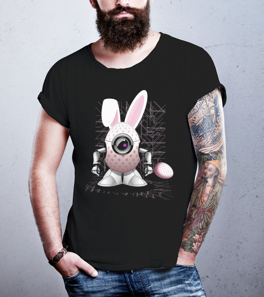 Happy Easter Bunny Robot Egg With Camera Eye And Circuit Background T-Shirt