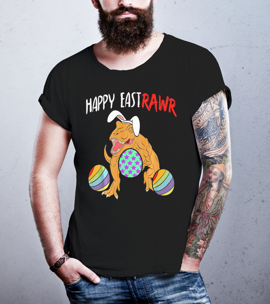 Happy Eastrawr Dinosaur Easter With Bunny Ears And Colorful Eggs T-Shirt