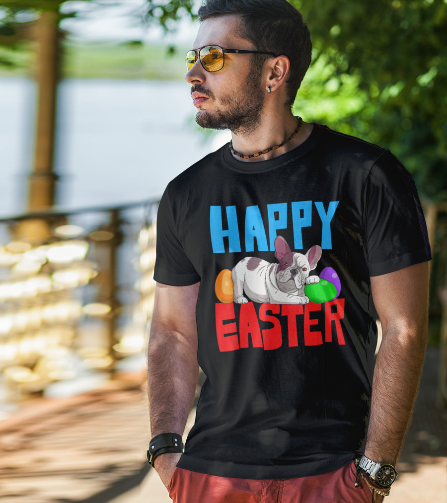 Happy Easter French Bulldog With Colorful Eggs T-Shirt