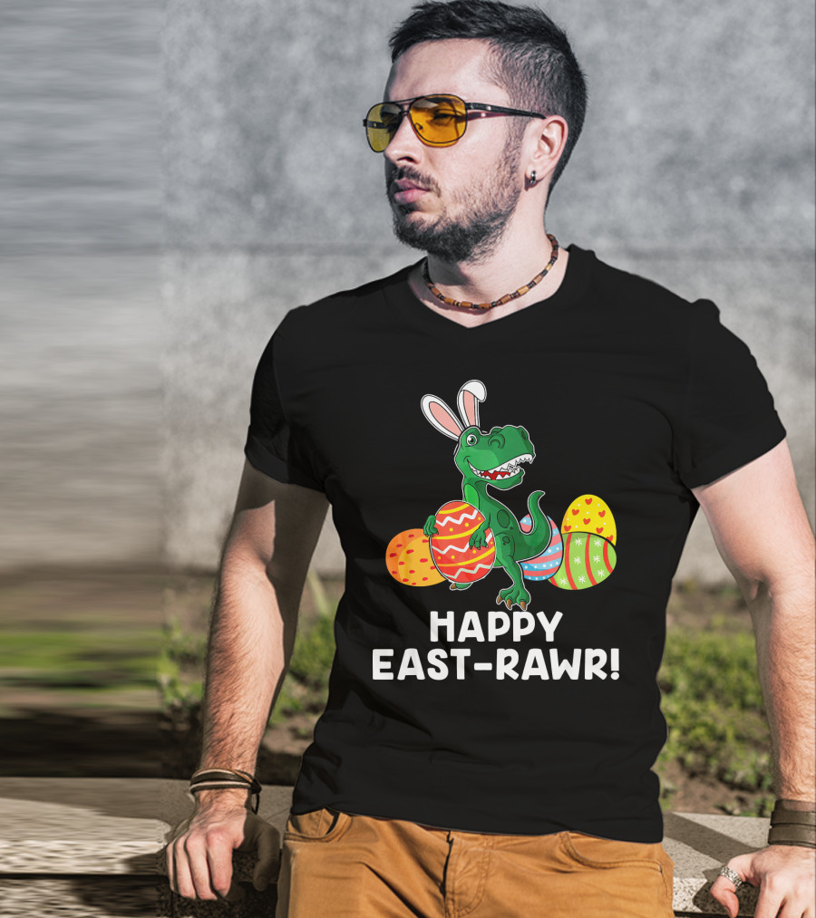 Happy East-Rawr Rex Bunny With Easter Eggs T-Shirt
