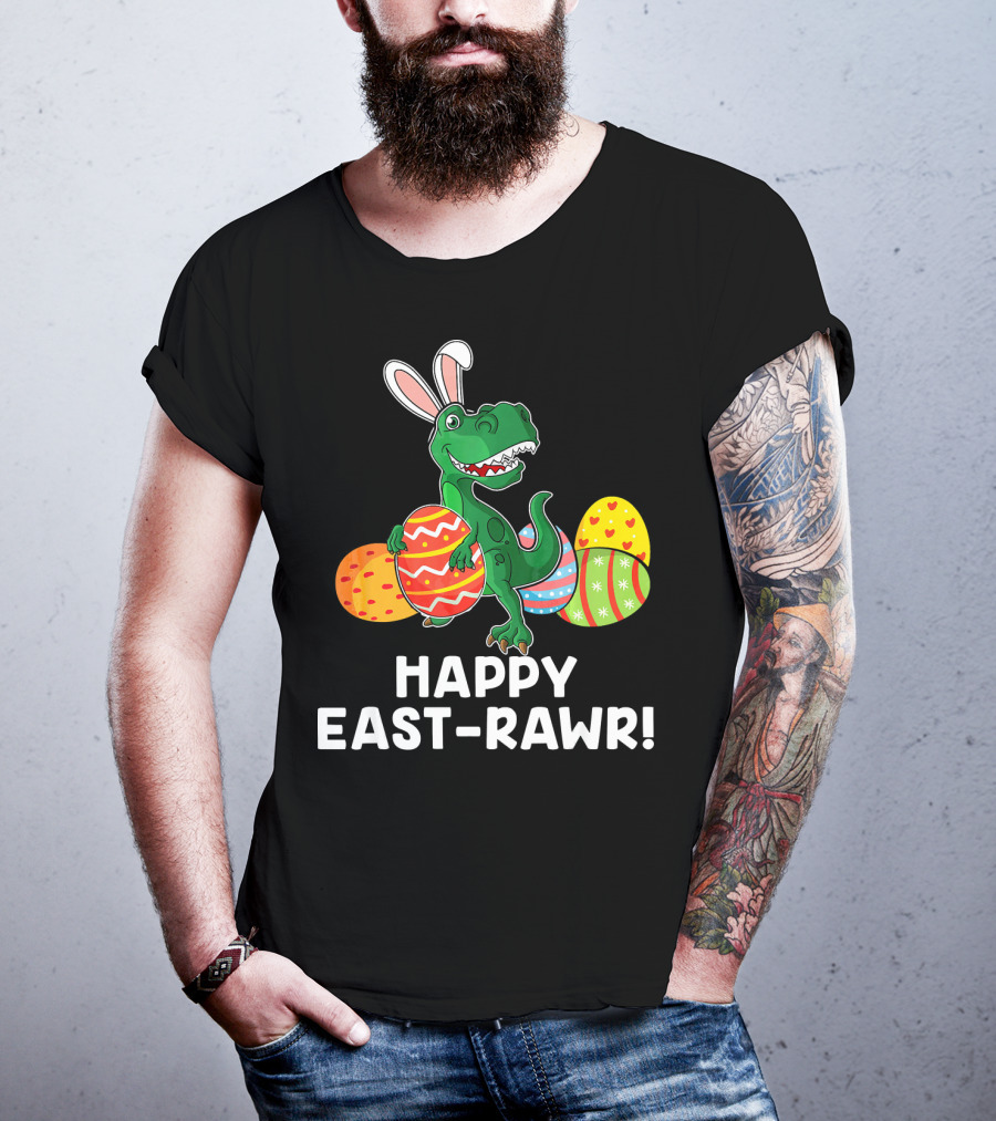 Happy East-Rawr Rex Bunny With Easter Eggs T-Shirt