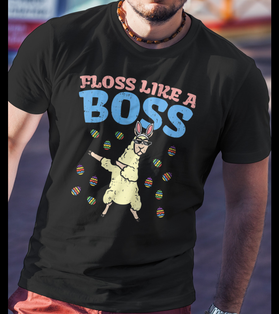 Floss Like A Boss Easter Llama Dancing With Bunny Ears And Colorful Eggs T-Shirt