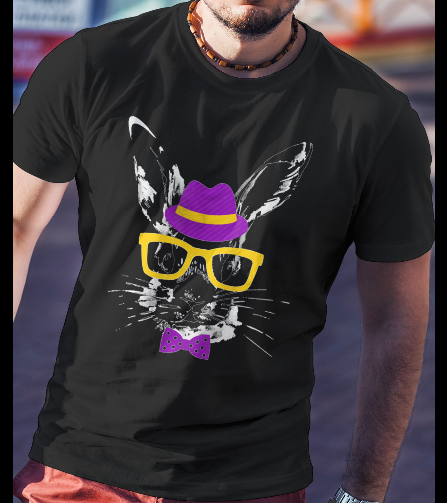 Easter Rabbit Watercolor Artwork Easter Bunny With Hat Glasses And Bow Tie T-Shirt