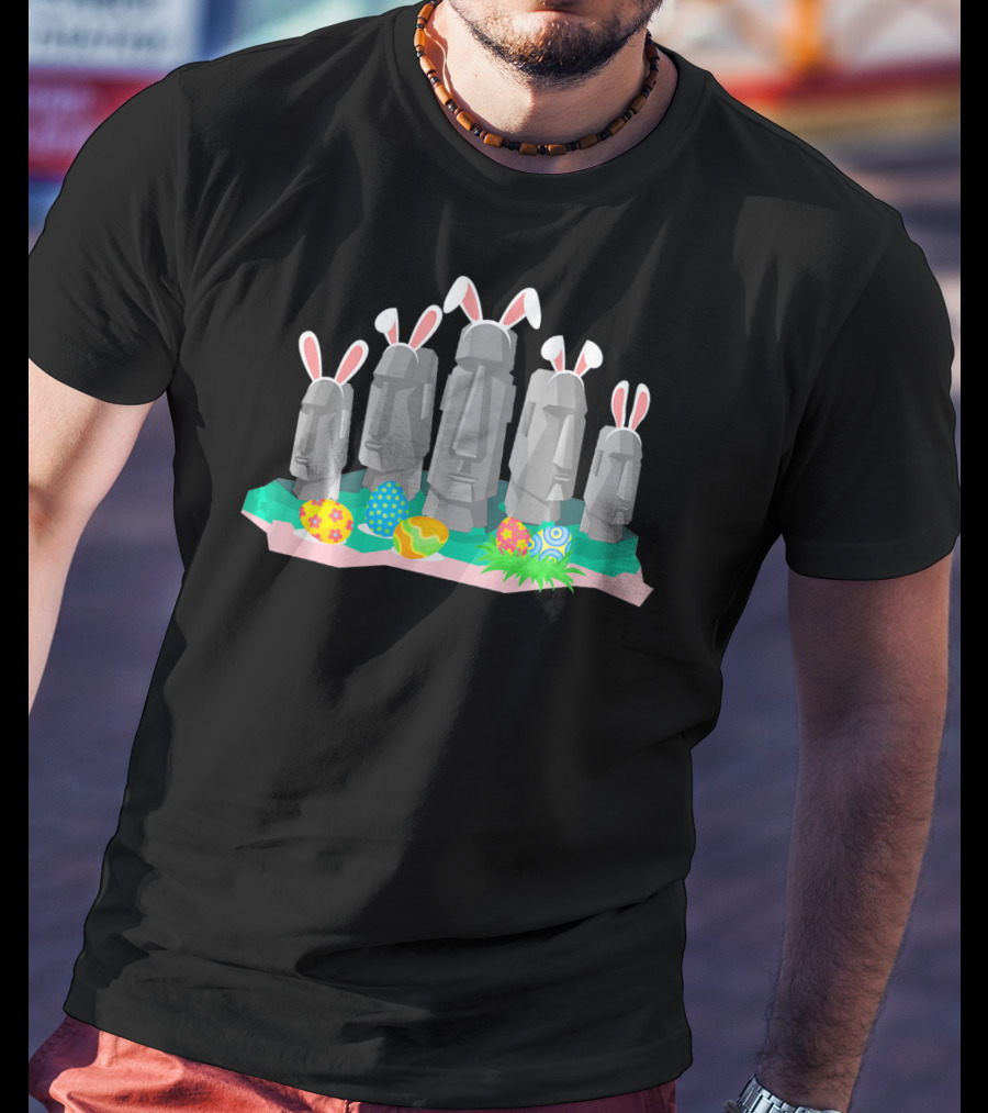 Easter Island Statues With Bunny Ears And Easter Eggs Holiday Humor T-Shirt