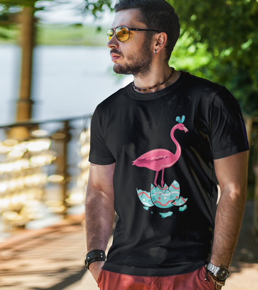 Funny Pink Flamingo On Easter Egg Bun With Bow T-Shirt