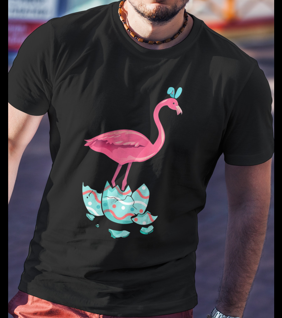 Funny Pink Flamingo On Easter Egg Bun With Bow T-Shirt