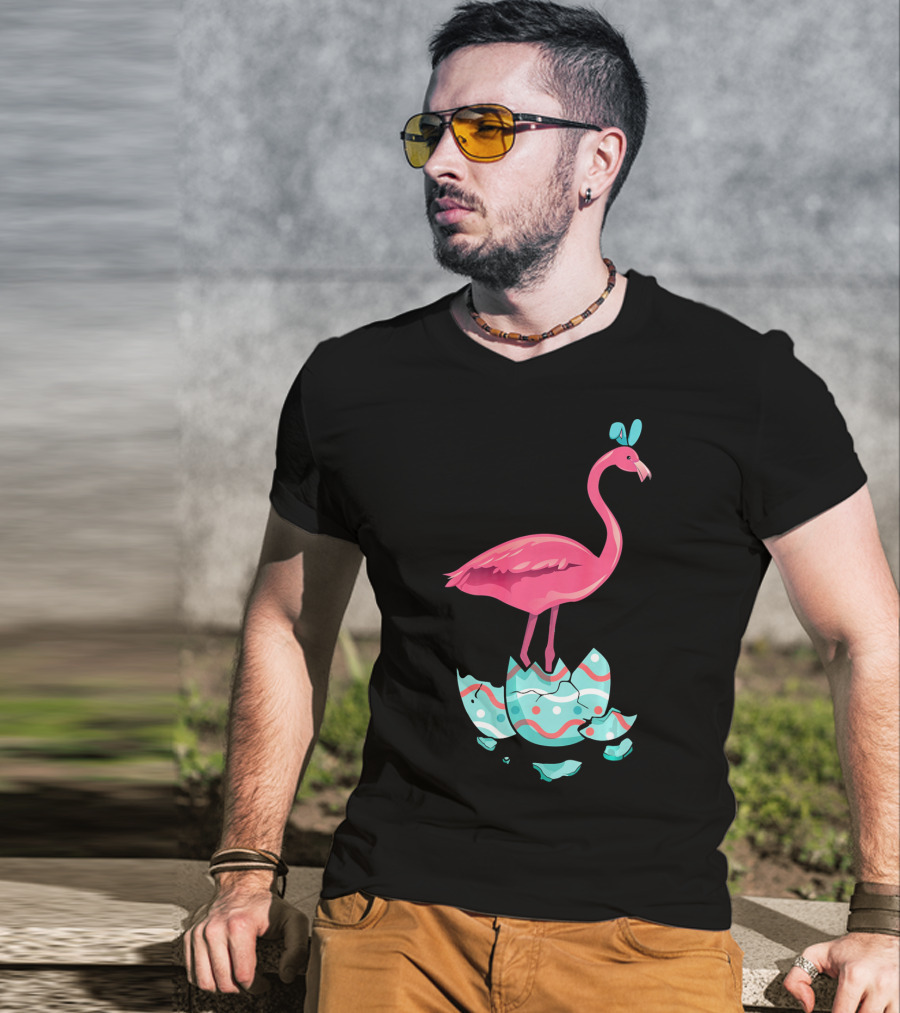 Funny Pink Flamingo On Easter Egg Bun With Bow T-Shirt