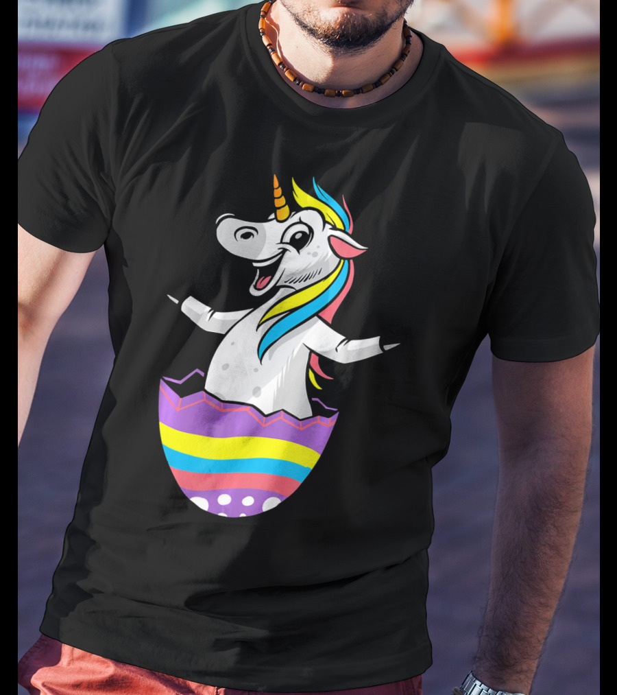 Easter Unicorn In Colorful Striped Egg T-Shirt