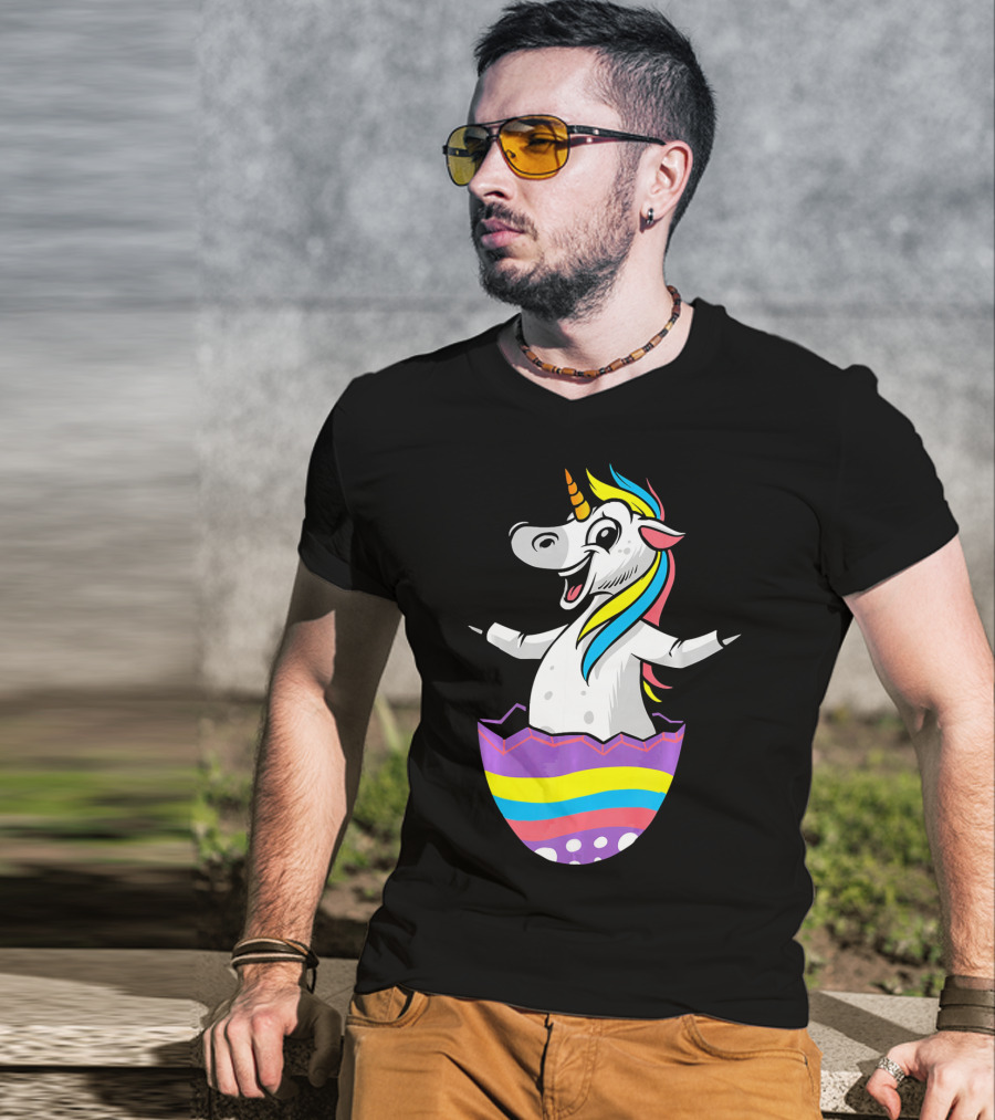 Easter Unicorn In Colorful Striped Egg T-Shirt