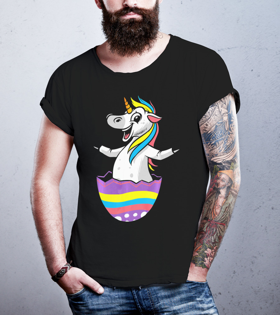 Easter Unicorn In Colorful Striped Egg T-Shirt