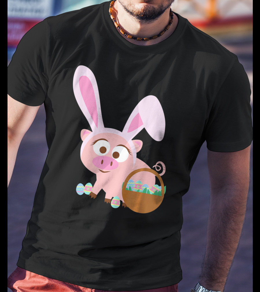 Happy Pig Bunny Ears Easter Eggs Basket T-Shirt